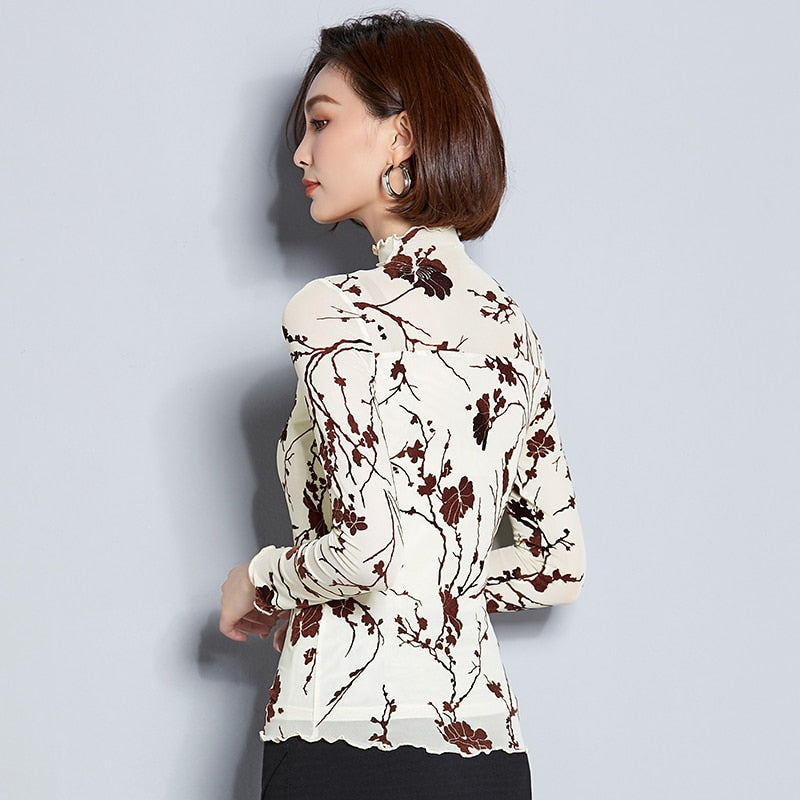 Dam Blus Långärmad Mesh Blommönster Polyester-3