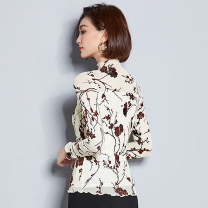 Dam Blus Långärmad Mesh Blommönster Polyester-3