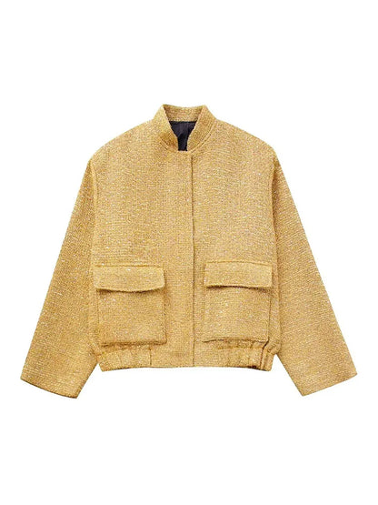 Dam Bomberjacka Löst Passform med Paljetter Stativ-upp Krage Polyester-3