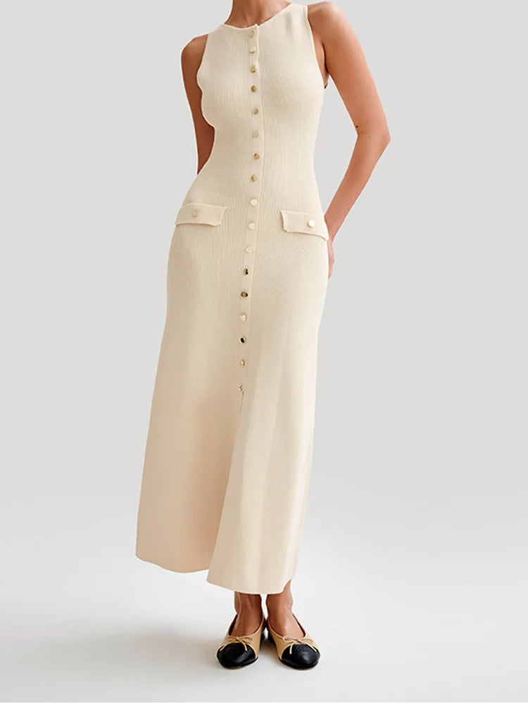 Ärmlös Slim-Fit Damklänning i Stickad Kvalitet – Elegant O-Halsringning och Fauxfickor, Fina Damklänningar för Sommarfest 1