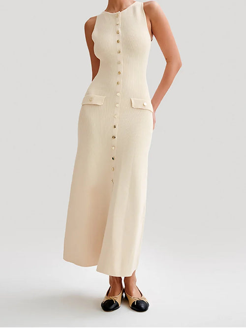 Ärmlös Slim-Fit Damklänning i Stickad Kvalitet – Elegant O-Halsringning och Fauxfickor, Fina Damklänningar för Sommarfest 1