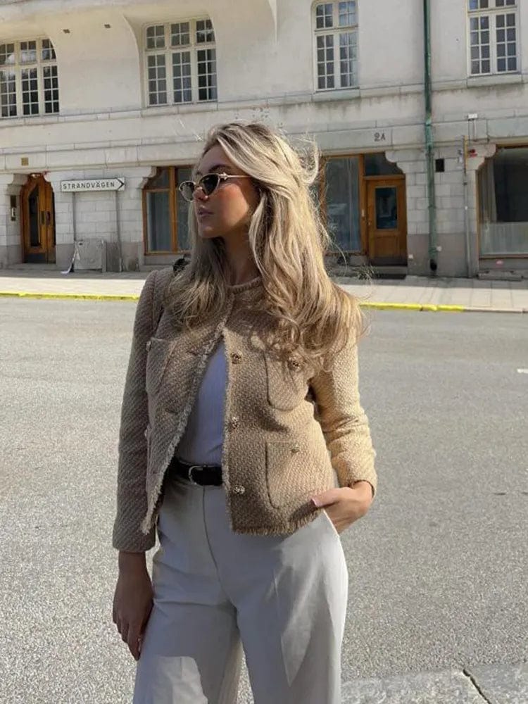 Damjacka Midjeanpassad Tweed Elegant Jacka för Damer-2