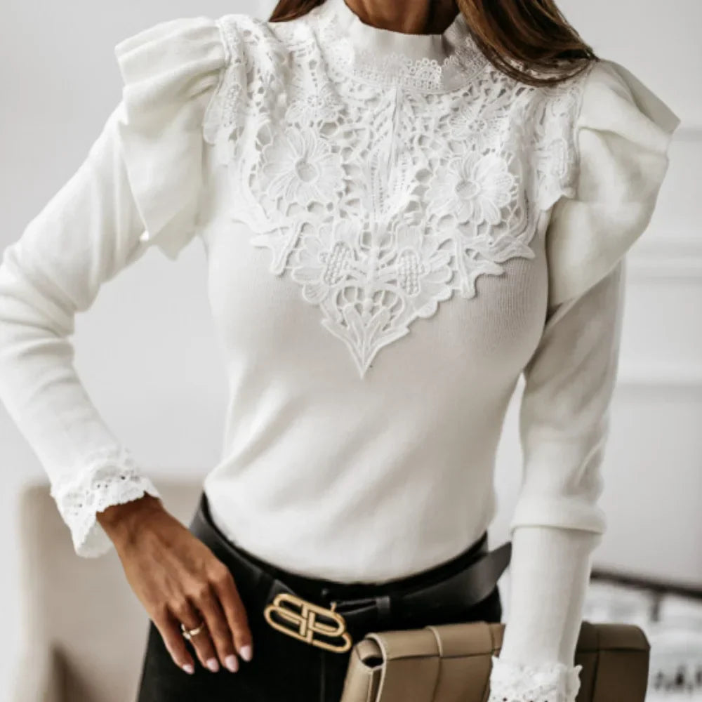 Stickad Dam Turtleneck Tröja med Ruffles i Mjukt Polyester 8