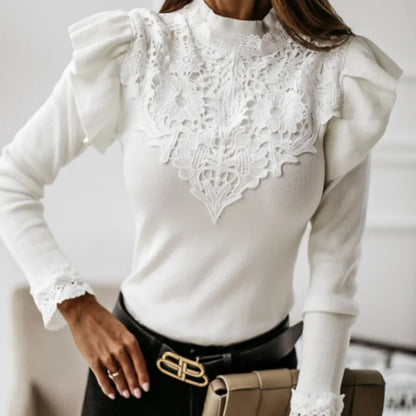 Stickad Dam Turtleneck Tröja med Ruffles i Mjukt Polyester 8