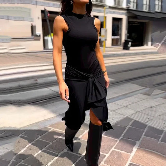 Dam Midiklänning med Ståkrage och Sidospår i Polyester-1