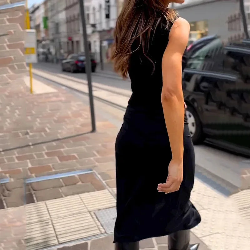 Dam Midiklänning med Ståkrage och Sidospår i Polyester-5