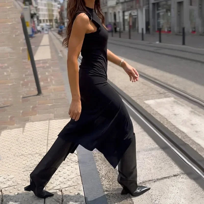 Dam Midiklänning med Ståkrage och Sidospår i Polyester-4