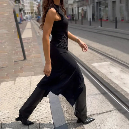 Dam Midiklänning med Ståkrage och Sidospår i Polyester-4