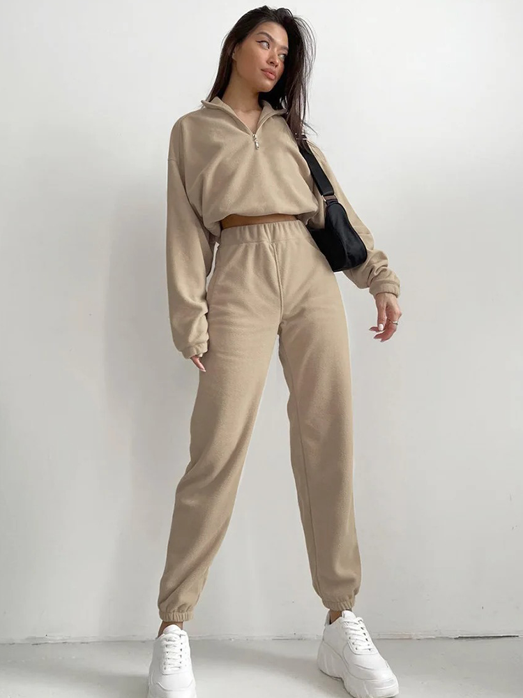 Kvinnors Fleece Set Zip Pullover och Byxor Mjuk Komfort-3
