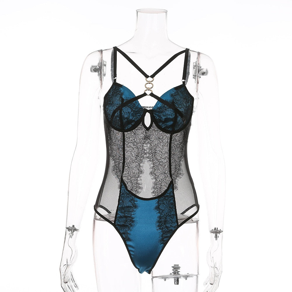 Dam Bodysuit V-ringning Spetsdetaljer Polyester-1