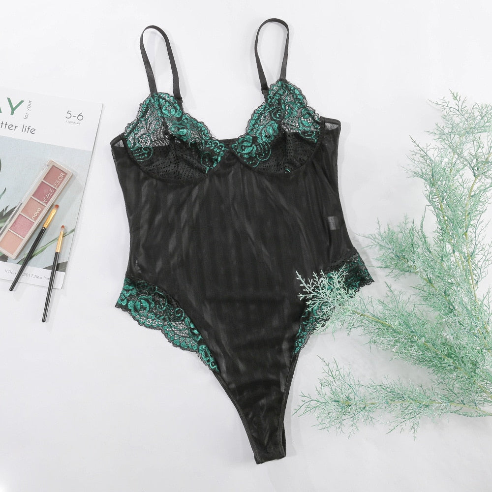 Dam Bodysuit Blommigt och Randigt Spets Polyester-5