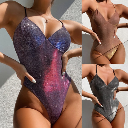 Baddräkt Dam Enfärgad med Glitterdetaljer Polyester Normal Passform 2