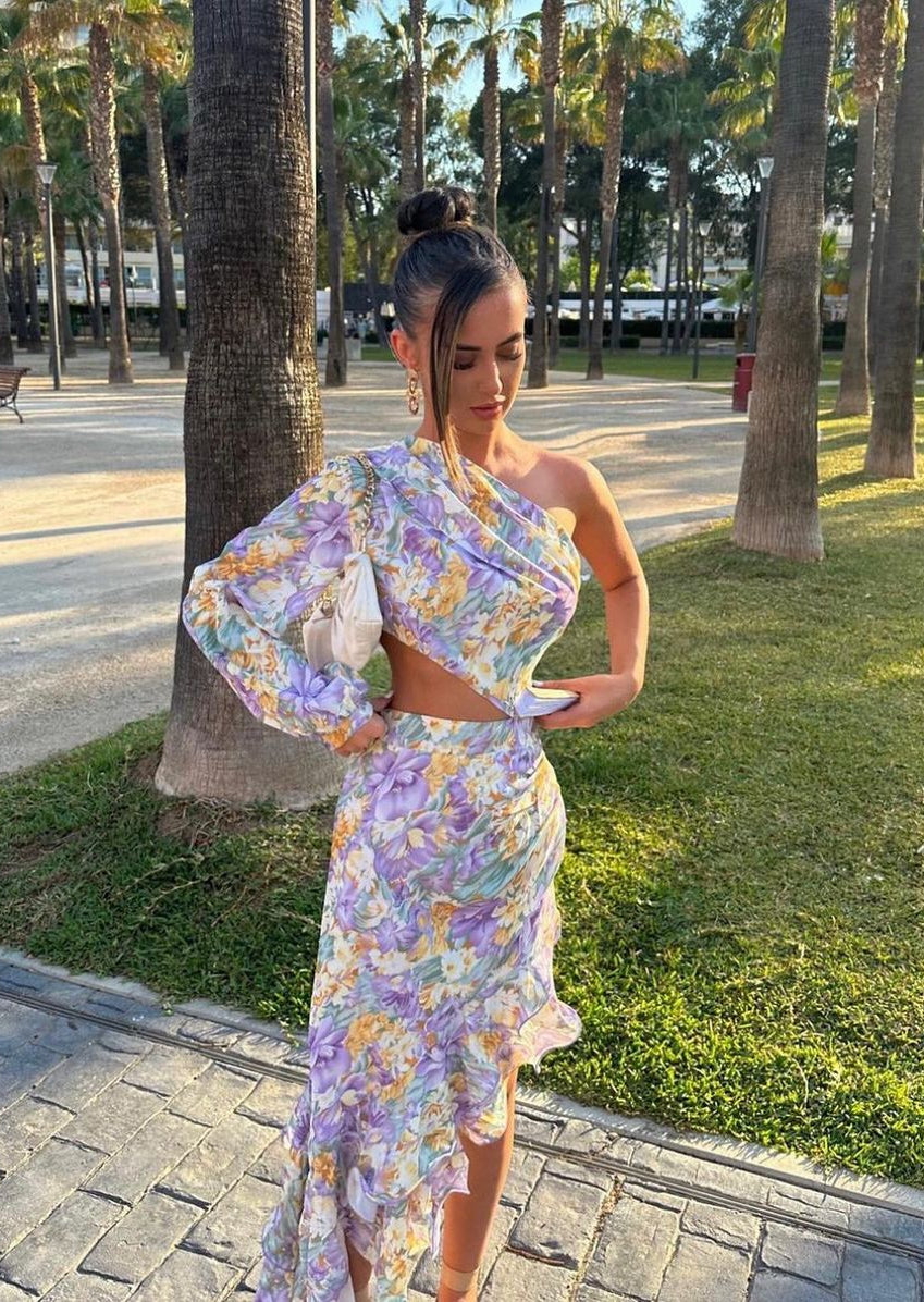 Dam Blommig Klänning Asymmetrisk Design i Mjukt Material-3