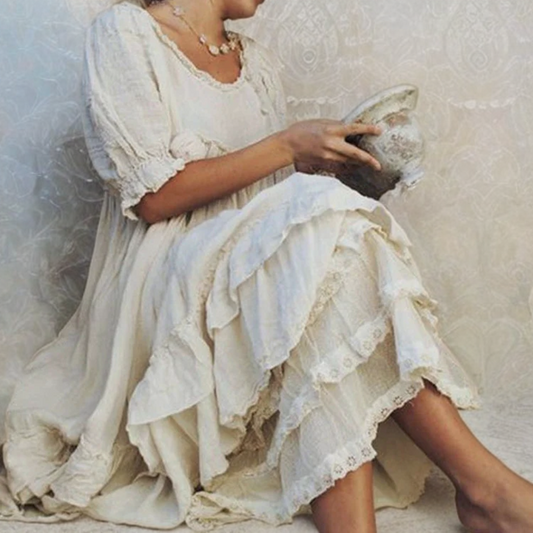 Dam Maxiklänning Vintage Stil med Ruffles Lätt Polyester-1