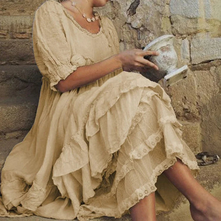 Dam Maxiklänning Vintage Stil med Ruffles Lätt Polyester-2