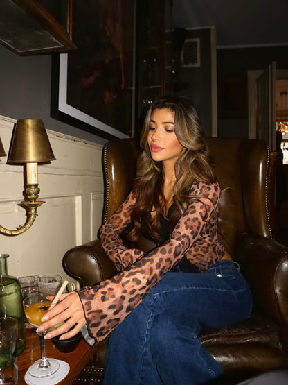 Dam Leopardmönstrad Festtopp med Spetsdetaljer i Lätt Material-5