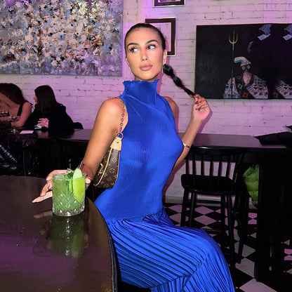 Maxiklänning Dam Ribbstickad Hög Krage Polyester-4