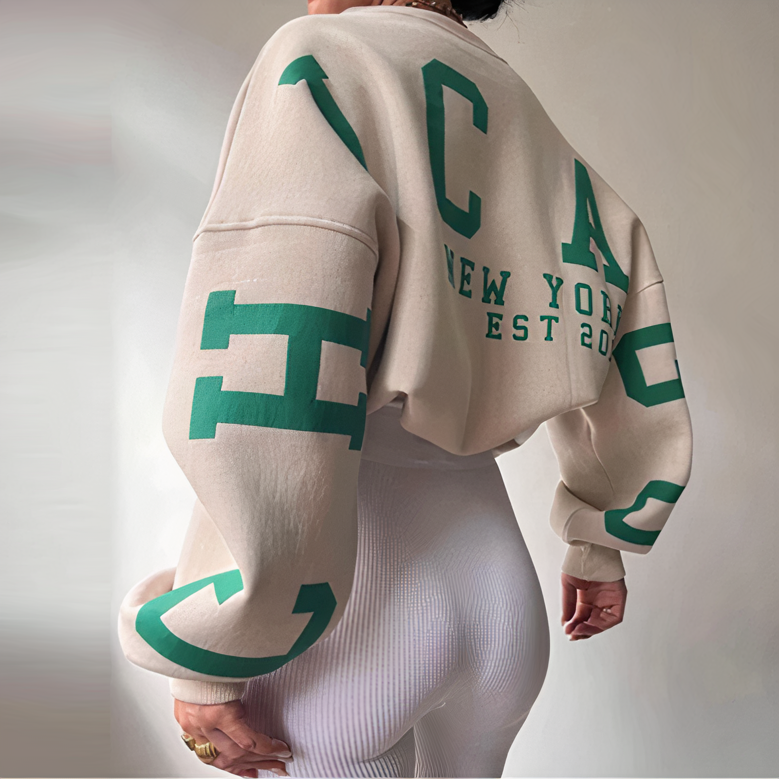 Kvinnors Långärmad Tröja med Cirkulär Halsringning och Tryck i Polyester-3