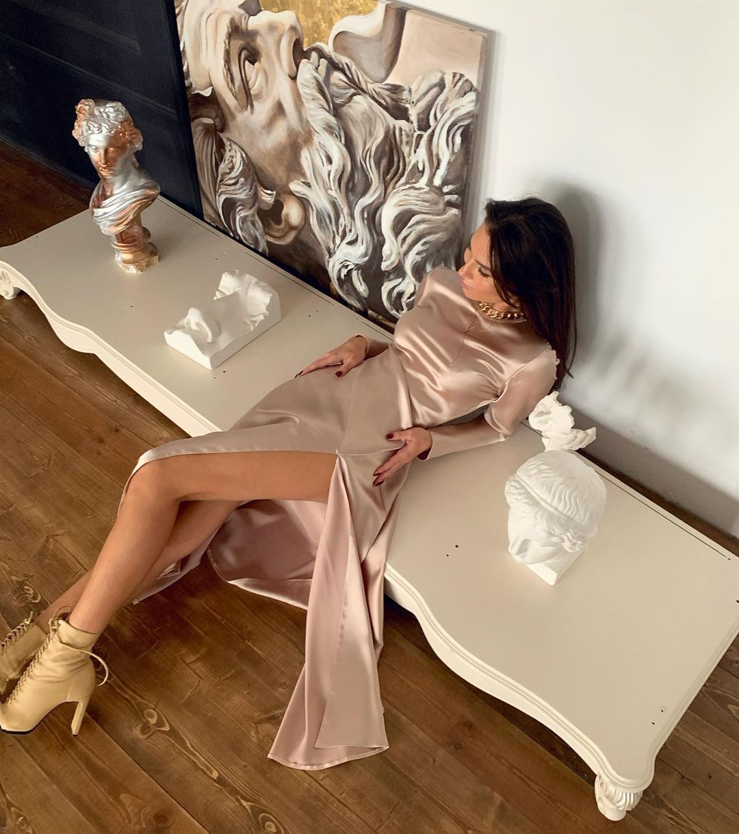 Damklänning Långärmad O-hals Dragkedja Bomull Polyester-3