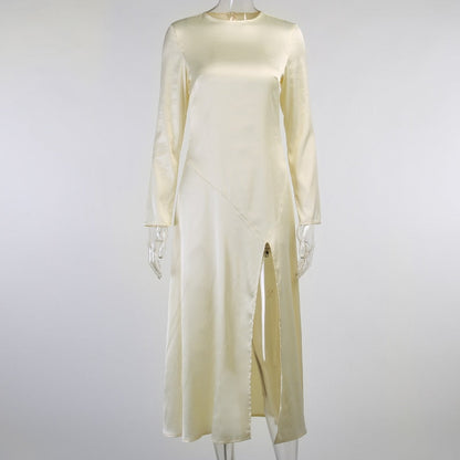 Damklänning Långärmad O-hals Dragkedja Bomull Polyester-4