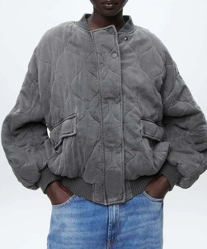 Dam Bomberjacka Vadderad Quiltningsdesign med Ribbmanschetter i Polyester-4