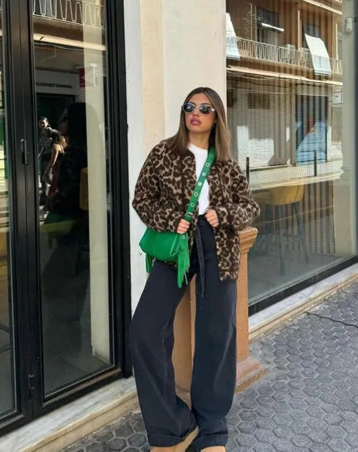 Dam Kappa Leopardmönster Avslappnad Design Vinterkappa Mjuk Material-3