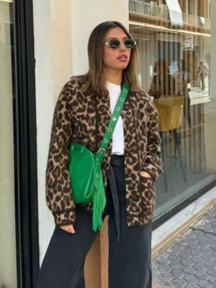 Dam Kappa Leopardmönster Avslappnad Design Vinterkappa Mjuk Material-2