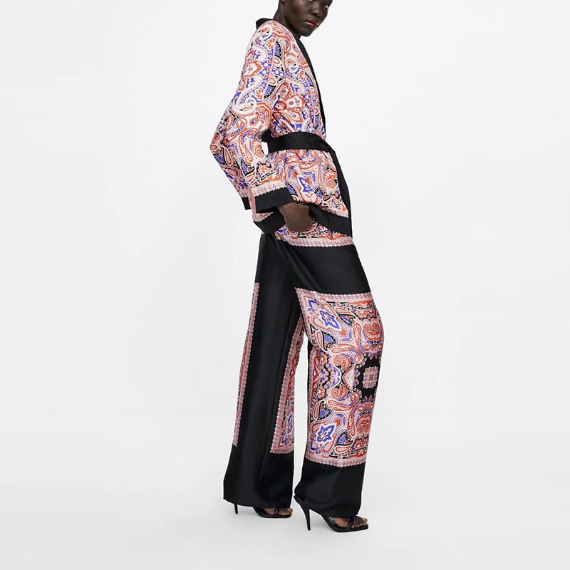 Dam Pyjamas Set Kimonoinspirerade Byxor Långärmad Akryl Polyester Spandex-2