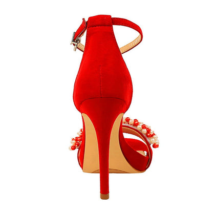 Dam Sandaler Runda Tår Smyckade Remmar Flock Tyg Extra Hög Klack-3