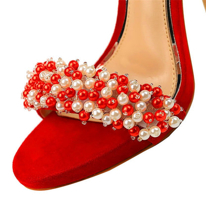 Dam Sandaler Runda Tår Smyckade Remmar Flock Tyg Extra Hög Klack-6