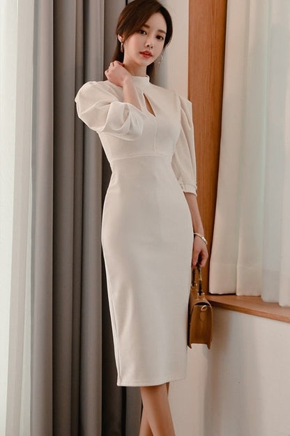 Kvinna Midi Klänning Puffärmar Ståkrage Mikrofiber-2