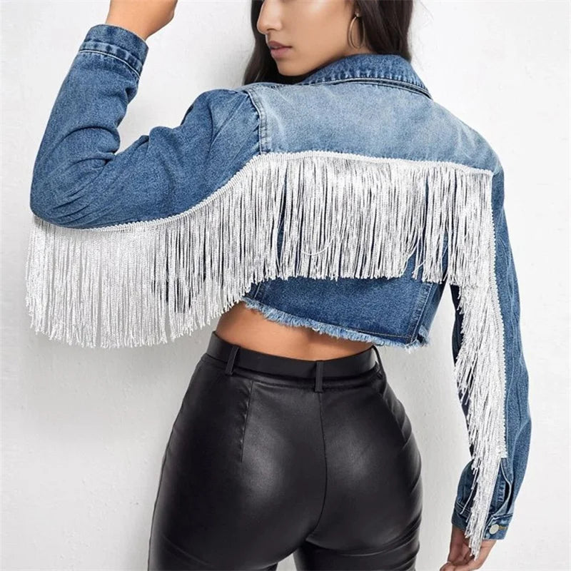 Damjacka Kort Denim med Fransar i Vintage Stil-2