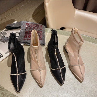 Ankelstövlar Dam med Spetsig Tå och Fyrkantig Häl i Andningsbart Mesh – Eleganta Chelsea Boots 2