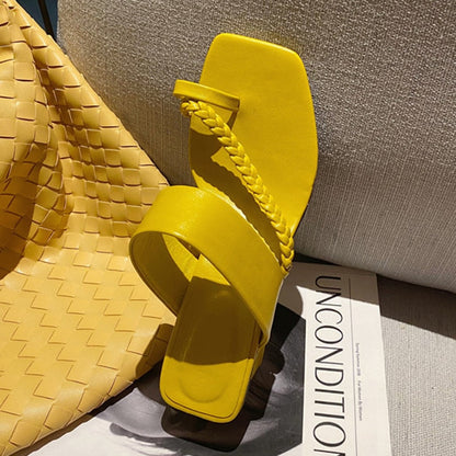 Dam Sandaler Fyrkantig Tå Flätade Remmar PU Komfort Skor-5