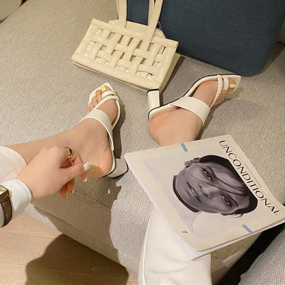 Dam Sandaler Fyrkantig Tå Flätade Remmar PU Komfort Skor-2