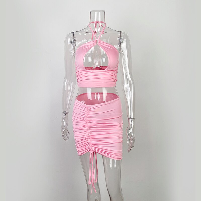 Svart Minikjol med Haltertop och Dekorativa Dragband för Dam – Kort, Tight Passform i Polyester och Spandex 4