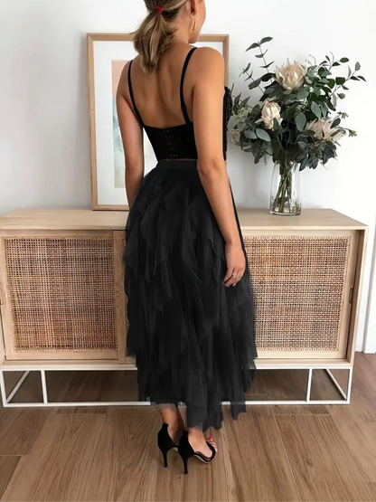 Kvinnors Tyllkjol med Volanger Polyester Luftig Passform-6