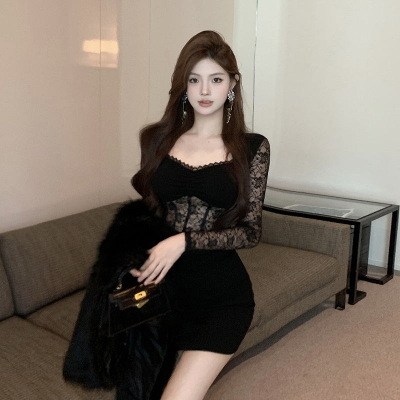 Fina Dam Klänningar Långärmad Transparent Fyrkantig Halsringning 4