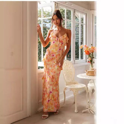 Fina Dam Klänningar V-ringad med Volangdetaljer Lång Elastan 1