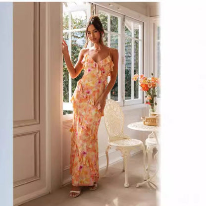 Fina Dam Klänningar V-ringad med Volangdetaljer Lång Elastan 3