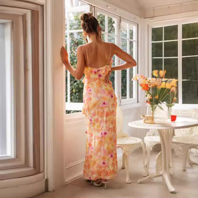 Fina Dam Klänningar V-ringad med Volangdetaljer Lång Elastan 4