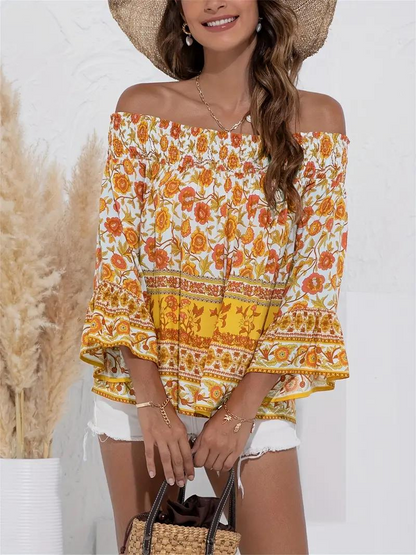 Dam Blus Off-Shoulder Långa Ärmar Boho Viskos-1