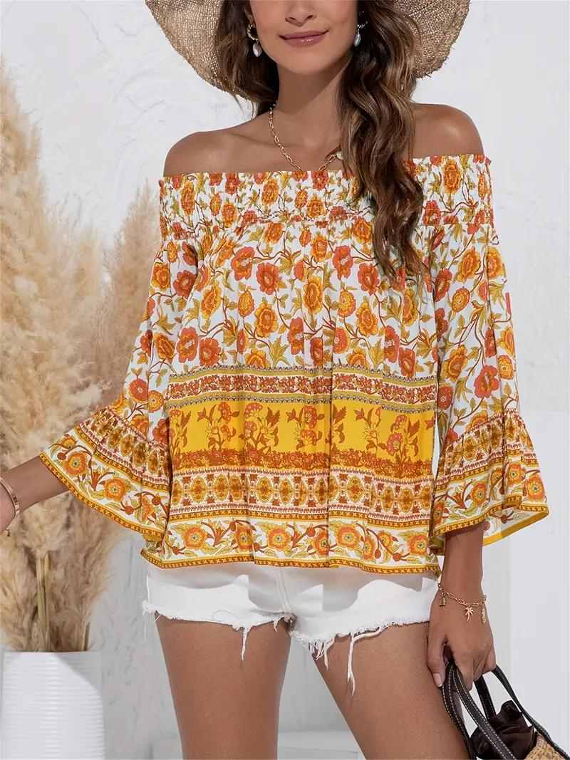 Dam Blus Off-Shoulder Långa Ärmar Boho Viskos-2