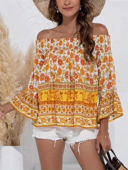 Dam Blus Off-Shoulder Långa Ärmar Boho Viskos-2