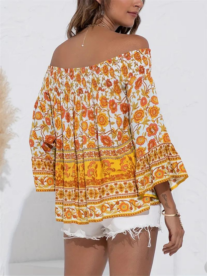 Dam Blus Off-Shoulder Långa Ärmar Boho Viskos-4