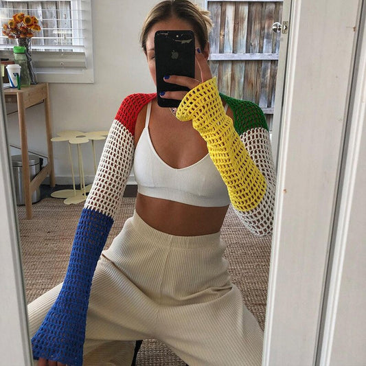 Dam Topp Färgglad Patchwork Polyester Lång Ärme Regular Fit-1