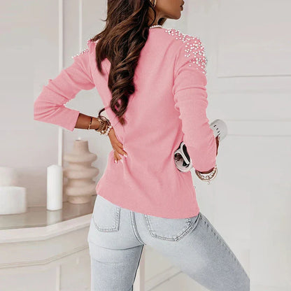 Dam V-ringad Tröja med Pärldekorationer i Mjuk Tyg-4