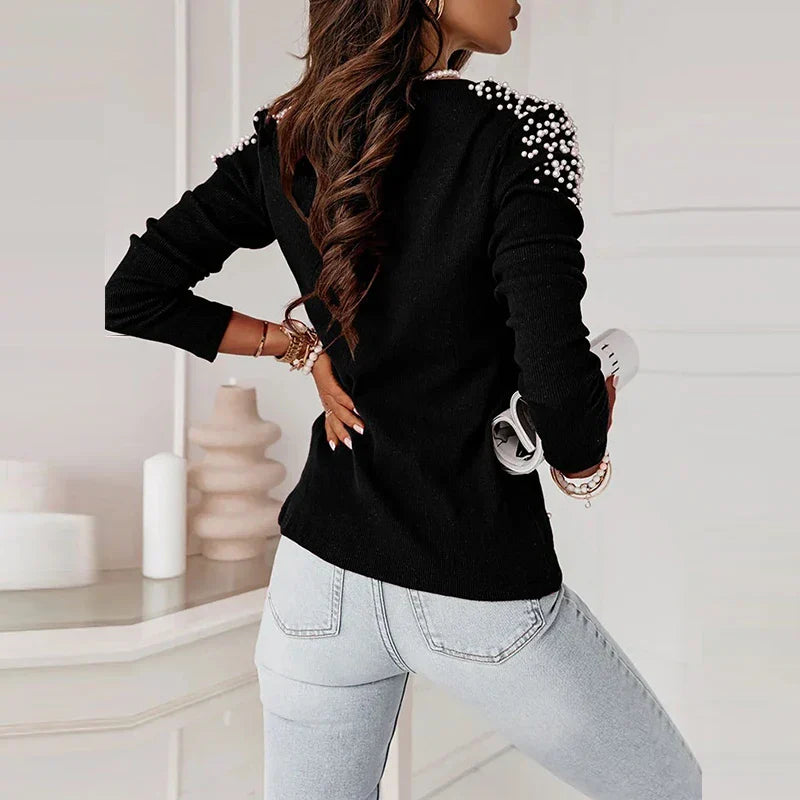 Dam V-ringad Tröja med Pärldekorationer i Mjuk Tyg-3