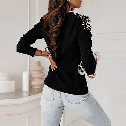 Dam V-ringad Tröja med Pärldekorationer i Mjuk Tyg-3