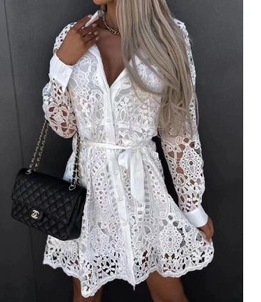 Kvinna V-ringad Klänning Långa Ärmar Mjuk Tyg-1